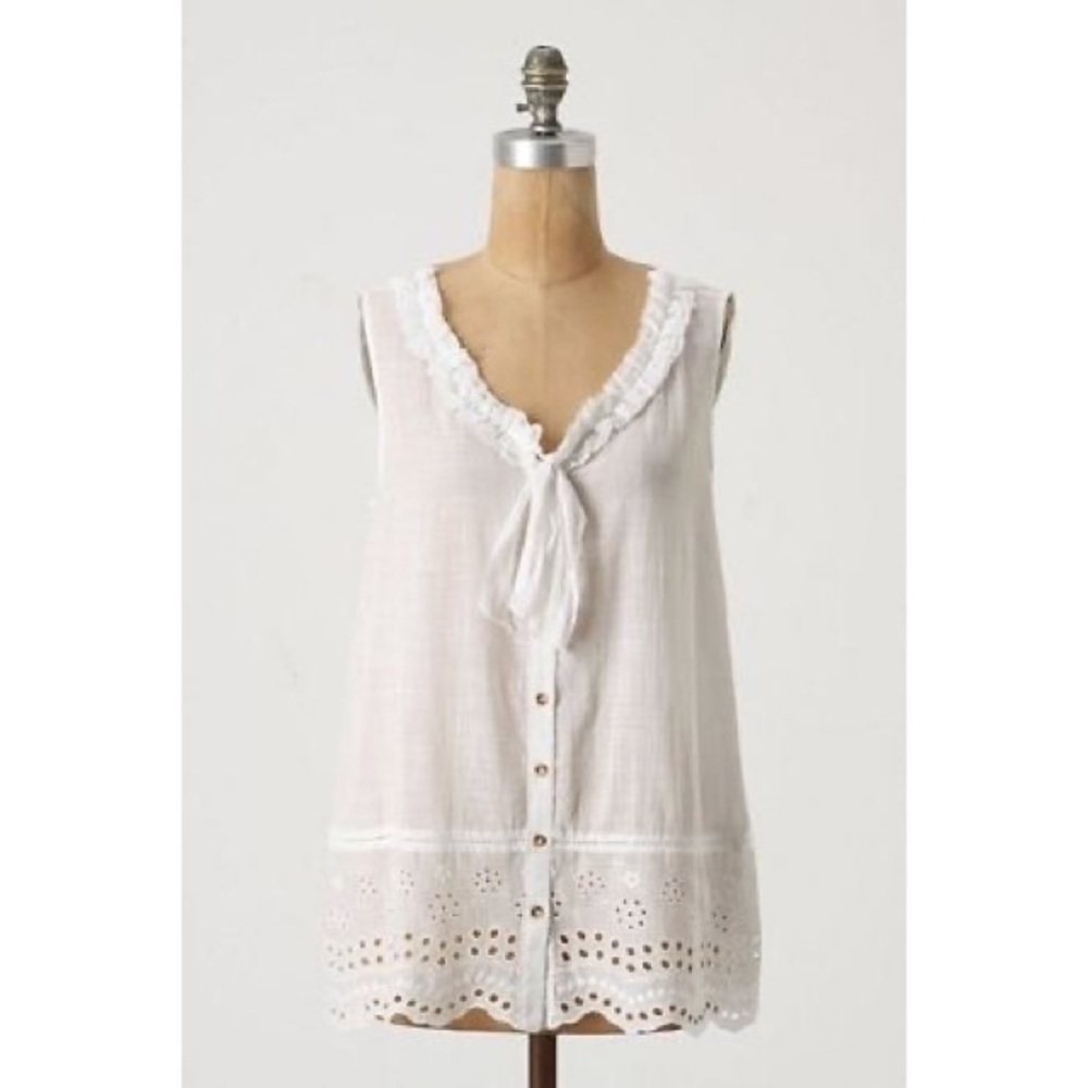 Anthropologie Embroidered White Sleeveless Top